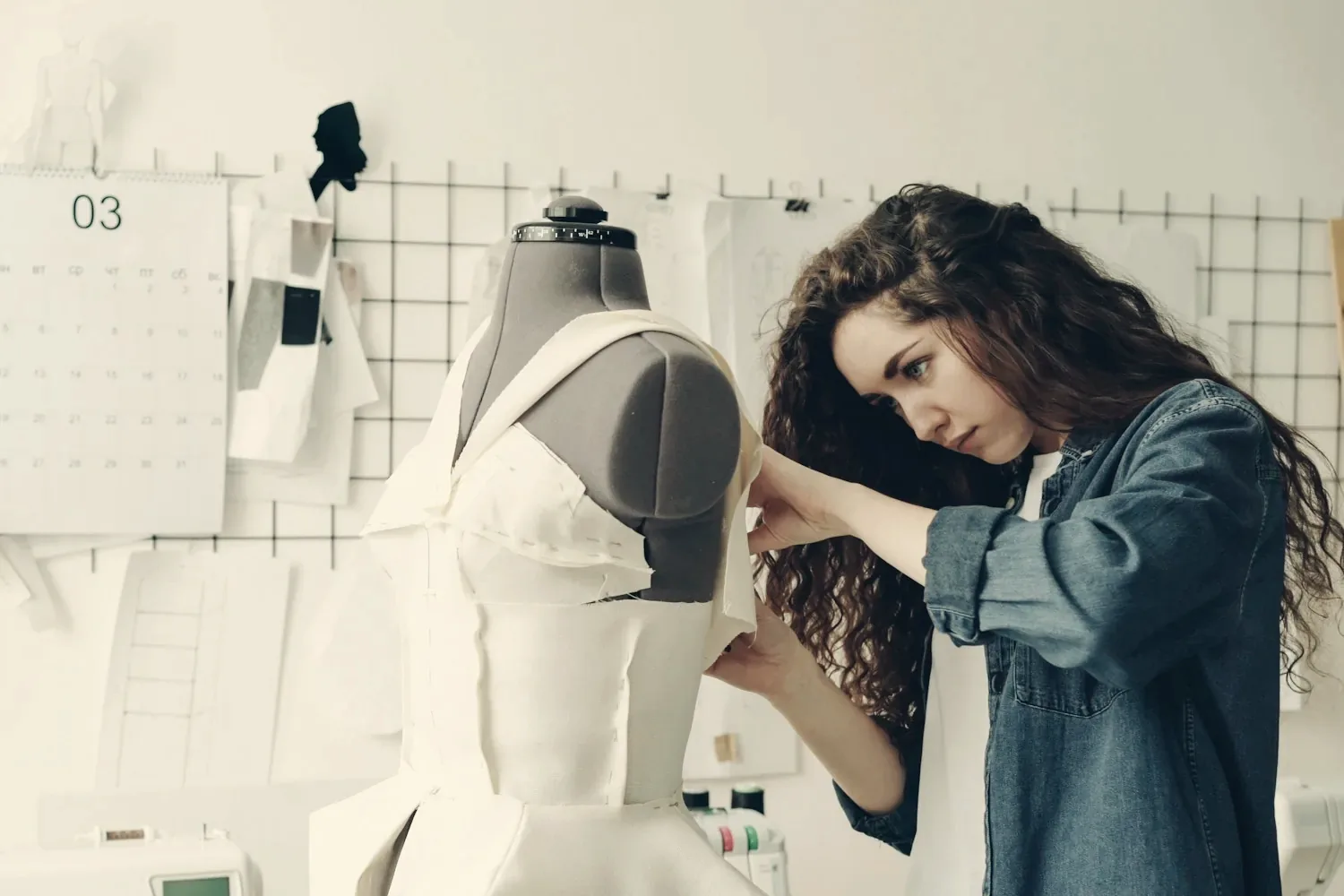 Une créatrice ajuste un patron sur un mannequin de couture devant un mur d'esquisses.